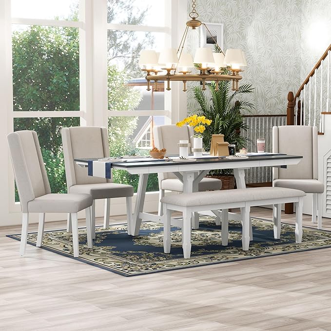 Classic Dining Table Set for 6 with 78' Extendable Rectangular Tabletop with Two 12" W Removable Leaves and 4 Upholstered Chairs & 1 Bench for Kitchen Living Room, Gray+White - LeafyLoom