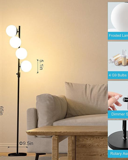 Lightdot 64IN Mid Century Globe Floor Lamp, Dimmable (Brightness Adjustable) Black Floor Lamp with 3000K G9 Bulbs Included, Modern Standing Lamps for Living Room Bedroom Office - LeafyLoom