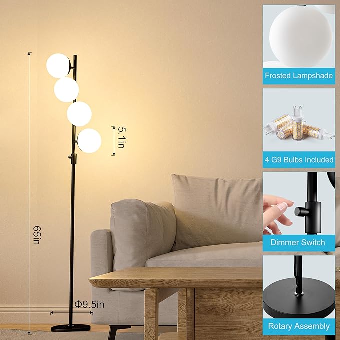 Lightdot 64IN Mid Century Globe Floor Lamp, Dimmable (Brightness Adjustable) Black Floor Lamp with 3000K G9 Bulbs Included, Modern Standing Lamps for Living Room Bedroom Office - LeafyLoom