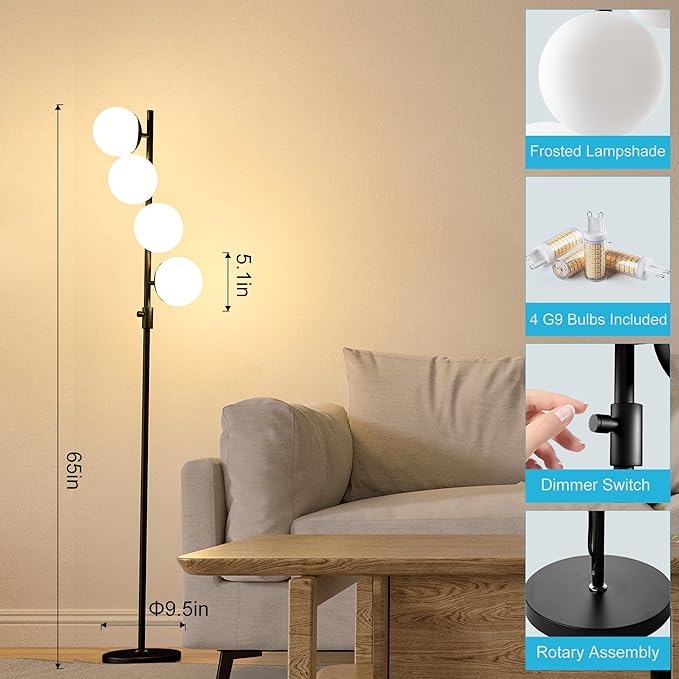 Lightdot 64IN Dimmable (Brightness Adjustable) Globe Floor Lamp, Black Standing Lamps with 4PCS 3000K G9 Bulbs Soft Warm White Eye Care, Mid Century Modern Floor Lamp for Living Room - LeafyLoom