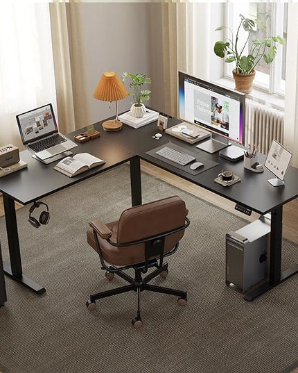 L Shaped Standing Desk Adjustable Height, Electric Corner Standing Desk, 63 x 55 inch Sit Stand Computer Table with Splice Board, Gaming Table, Black - LeafyLoom