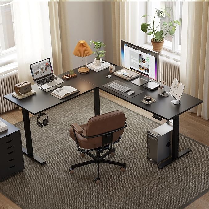 L Shaped Standing Desk Adjustable Height, Electric Corner Standing Desk, 63 x 55 inch Sit Stand Computer Table with Splice Board, Gaming Table, Black - LeafyLoom