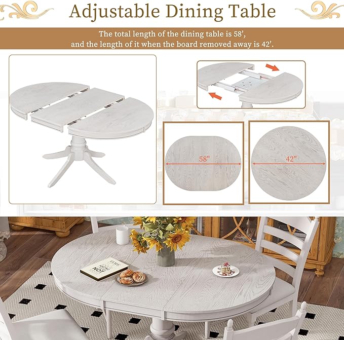 5 Pieces Kitchen & Dining 4 with Round Extendable Table and Four Upholstered Chairs, Retro Rustic Style Home Furniture Tαble Sets Breakfast Corner for Small Spaces, Living Room, Antique White - LeafyLoom
