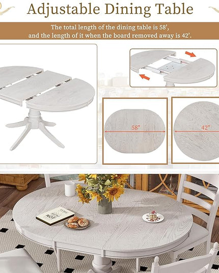 NicBex Round Dining Table Kitchen & Dining Room Tables 5-Piece Retro Functional Dining Table Set Wood Round Extendable Dining Table and 4 Upholstered Dining Chairs, Antique White - LeafyLoom