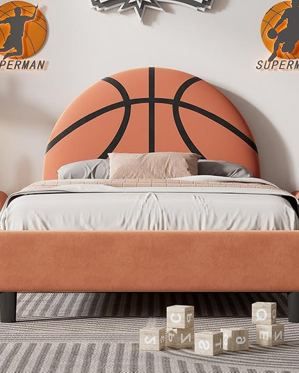 Basketball Design Twin Bed Frame for Kids,Sports Theme Upholstered Platform Bed with Headboard,Velvet Twin Size Bed Frame for Boys & Girls,Teens,Orange - LeafyLoom