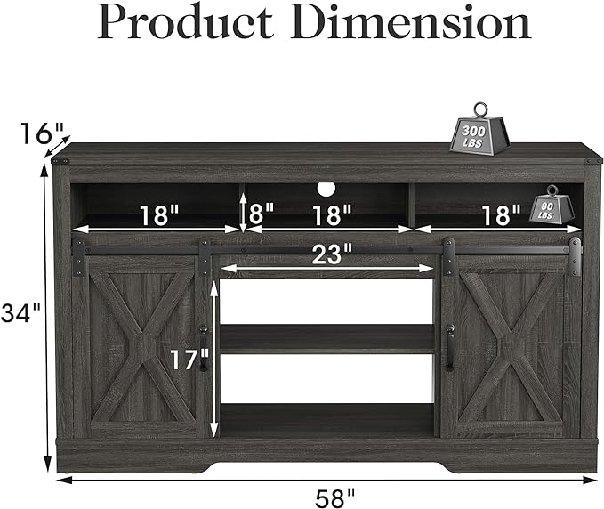 Farmhouse TV Stand for 23" Fireplace, 34'' Tall Entertainment Center for 65+ Inch TV, Rustic TV Console with Sliding Bar Door for Living Room (Dark Grey) - LeafyLoom