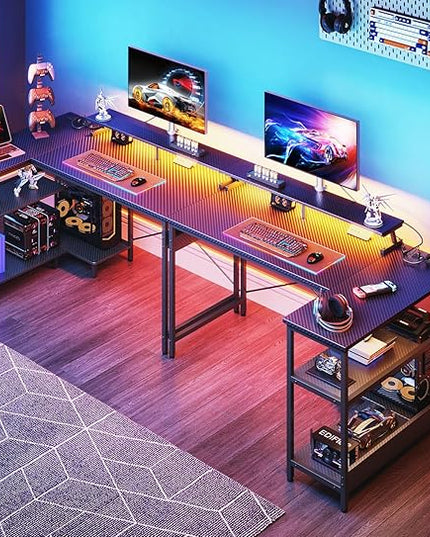 ODK 48 Inch Gaming Desk with USB Charging Ports and LED Lights, Reversible L Shaped Computer Desk with Storage Shelves & Monitor Stand, Corner Gamer Desk Table with Power Outlets, Carbon Fiber Black - LeafyLoom