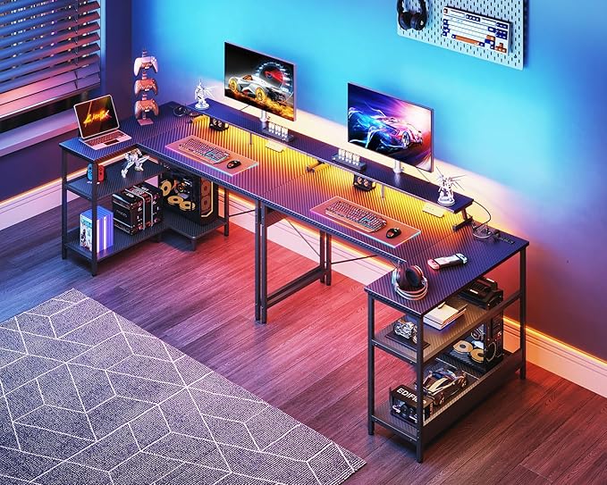 ODK 48 Inch Gaming Desk with USB Charging Ports and LED Lights, Reversible L Shaped Computer Desk with Storage Shelves & Monitor Stand, Corner Gamer Desk Table with Power Outlets, Carbon Fiber Black - LeafyLoom