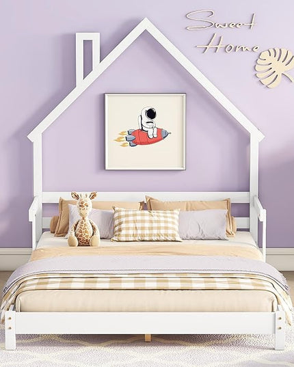 Full Size Bed Frame for Kids,House-Shaped Headboard Kids Bed,Girls Bed with Handrails,Low Platform Bed for Boys Girls,No Box Spring Needed(White) - LeafyLoom