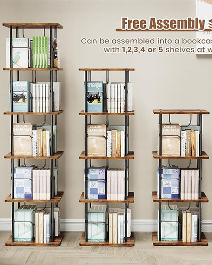 5 Tier Square Rotating Bookshelf, 360 ° Display Stackable Spinning Bookshelf Tower, Space Saving Tall Floor Standing Swivel Bookcase Corner Storage Organizer for Bedroom, Living Room, Rustic Brown - LeafyLoom