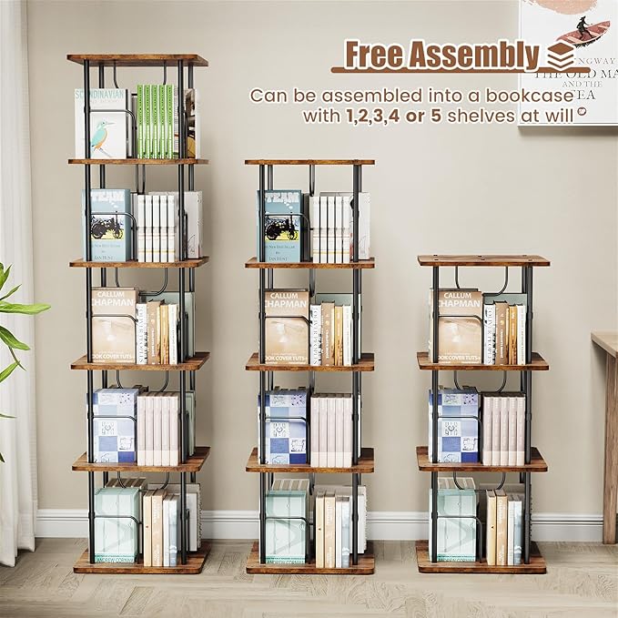 5 Tier Square Rotating Bookshelf, 360 ° Display Stackable Spinning Bookshelf Tower, Space Saving Tall Floor Standing Swivel Bookcase Corner Storage Organizer for Bedroom, Living Room, Rustic Brown - LeafyLoom