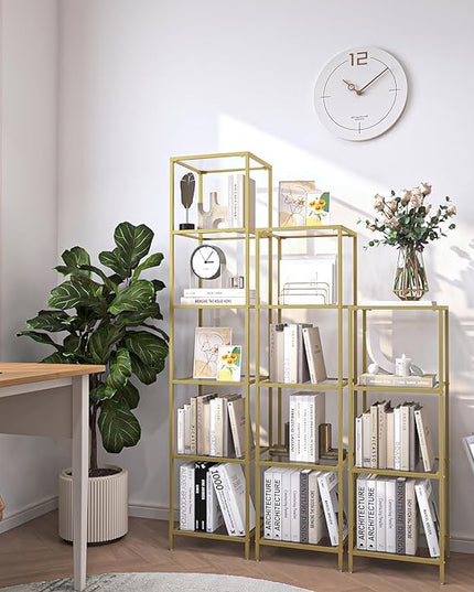 6-Tier Bookshelf,Metal Bookcase,Tempered Glass Shelves,Storage Rack Shelf for Home Office,Living Room,Bedroom, Bathroom,Modern Style,Golden - LeafyLoom