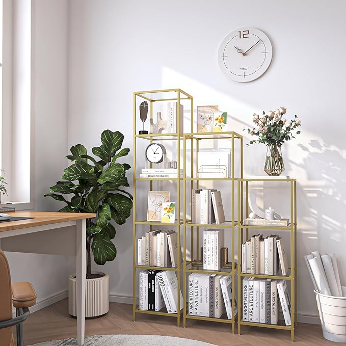 6-Tier Bookshelf,Metal Bookcase,Tempered Glass Shelves,Storage Rack Shelf for Home Office,Living Room,Bedroom, Bathroom,Modern Style,Golden - LeafyLoom