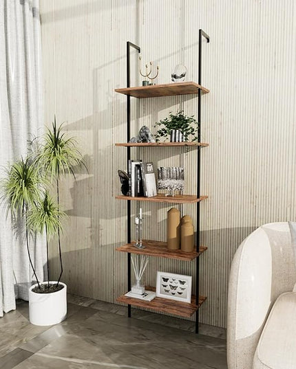 aboxoo Ladder Shelf 5 Tiers Metal Industrial Bookshelf, Rustic Brown Wood Tall Open Storage Rack and Display Shelves Plant Stand,Wall Mount Wide Book Case for Home Office Bedroom,Small - LeafyLoom