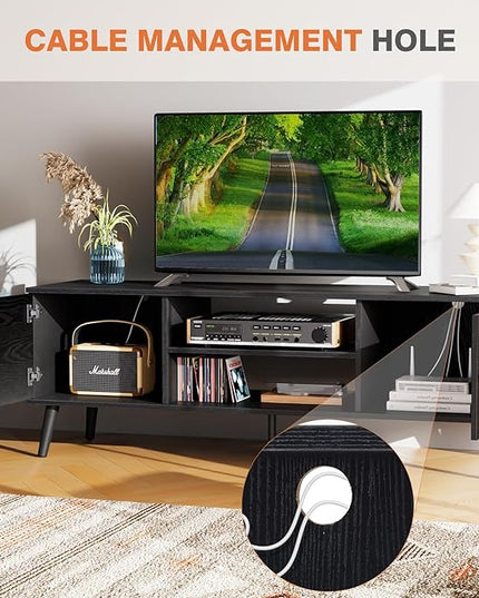 Sweetcrispy TV Stand for 55 60 inch TV, Modern Mid Century Entertainment Center with Storage, Media Console Table 2 Cabinet, Soft Hinge, Handle Door, Wooden Living Room, Office Furniture, Black - LeafyLoom