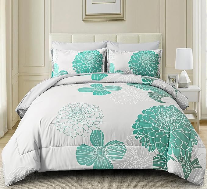 Yiran Grey Aqua Floral King Comforter Set Bed in a Bag Soft Microfiber Comforter Bedding Set 103"×90",7 Pieces (1 Comforter,2 Pillowcases,2 Pillow Shams,1 Flat Sheet,1 Fitted Sheet) - LeafyLoom