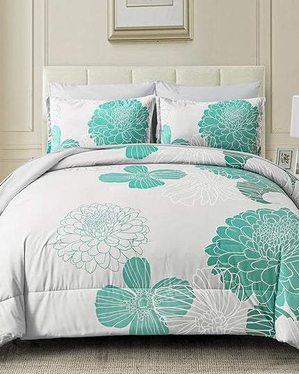Yiran Grey Aqua Floral Queen Comforter Set Bed in a Bag Soft Microfiber Comforter Bedding Set 90"×90",7 Pieces (1 Comforter,2 Pillowcases,2 Pillow Shams,1 Flat Sheet,1 Fitted Sheet) - LeafyLoom
