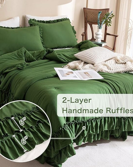 Olive Green Comforter Set Queen,Farmhouse Bedding Queen Size Comforter Set with Ruffle,Shabby Boho Chic French Country Dark Green Bedding Sets 3 Pieces - LeafyLoom