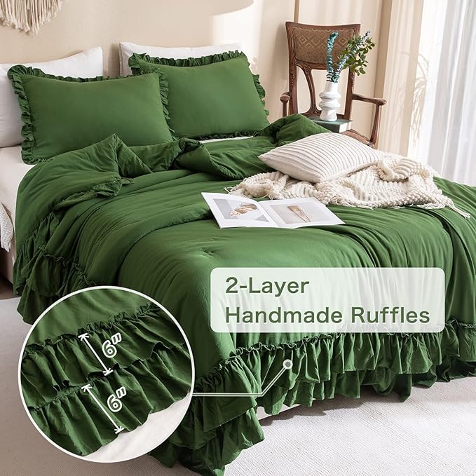 Olive Green Ruffled Comforter King Size,Farmhouse Shabby Boho Chic King Bed Comforter Vintage Rustic Bedding Ultra Soft 3PCS (1 Ruffle Comforter and 2 Pillowcases) - LeafyLoom