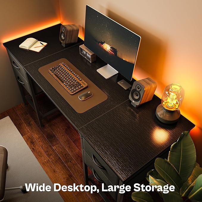 55 Inch Computer Desk with 4 Drawers, Office Desk with Mesh Shelf, Gaming Desk, Large Storage, Writing Desk Work Desk for Home Office, Study, Bedroom, Work from Home, Black - LeafyLoom