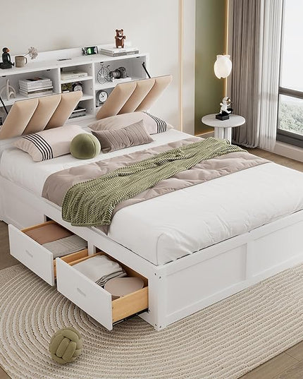 Wood Full Size Platform Bed with Storage Headboard and 4 Drawers, White - LeafyLoom