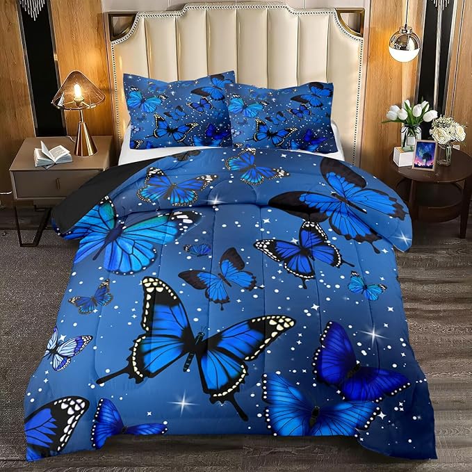 Butterfly Bedding Set for Girls, Butterfly Comforter, Blue Butterflies with Sparkle Stars Prints Comforter Set for Women Girls Butterfly Bedding Queen Size Quilt Sets, 1 Comforter + 2 Pillowcases - LeafyLoom