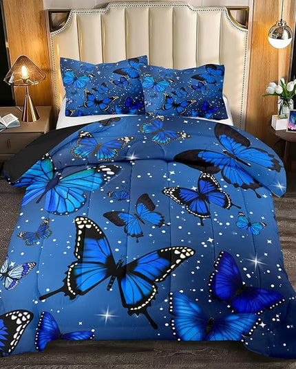 Blue Butterfly Comforter, Butterfly Bedding Set for Girls, Blue Butterflies with Sparkle Stars Prints Comforter Set for Women Girls Butterfly Bedding Full Size Quilt Set, 1 Comforter + 2 Pillowcases - LeafyLoom