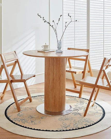 Round Wood Dining Table，Wooden Trestle Pedestal Base on Stainless Steel Plate，Small Space Kitchen Table，34.25" Modern Circular Tabletop for Kitchen, Dining Room, Restaurant，Cafe (Natural) - LeafyLoom
