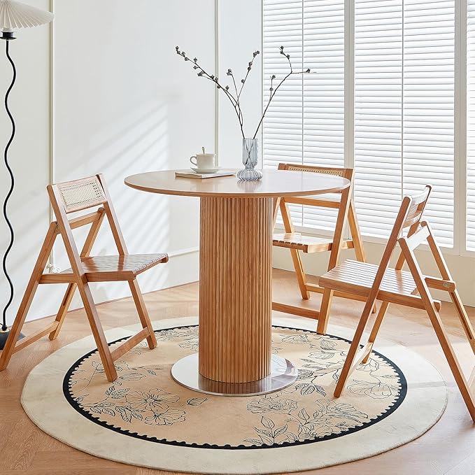 Round Wood Dining Table，Wooden Trestle Pedestal Base on Stainless Steel Plate，Small Space Kitchen Table，34.25" Modern Circular Tabletop for Kitchen, Dining Room, Restaurant，Cafe (Natural) - LeafyLoom