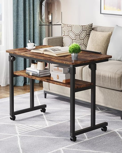 Small Portable Rolling Computer Desk Height Adjustable Standing Table, Brown - LeafyLoom
