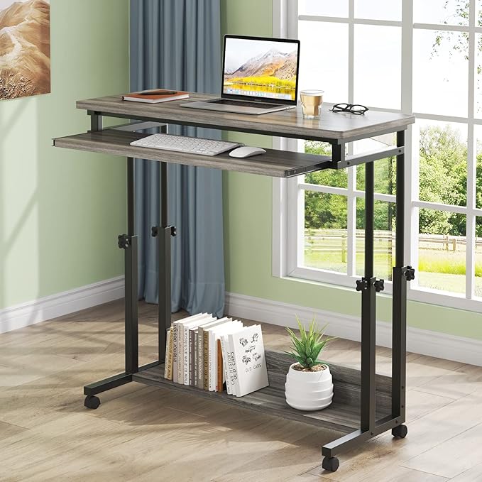 Tribesigns Portable Desk for Sofa and Bed, Height Adjustable Mobile Laptop Table Small Standing Desk Rolling Computer Cart with Keyboard Tray on Wheels for Home Office (Grey) - LeafyLoom