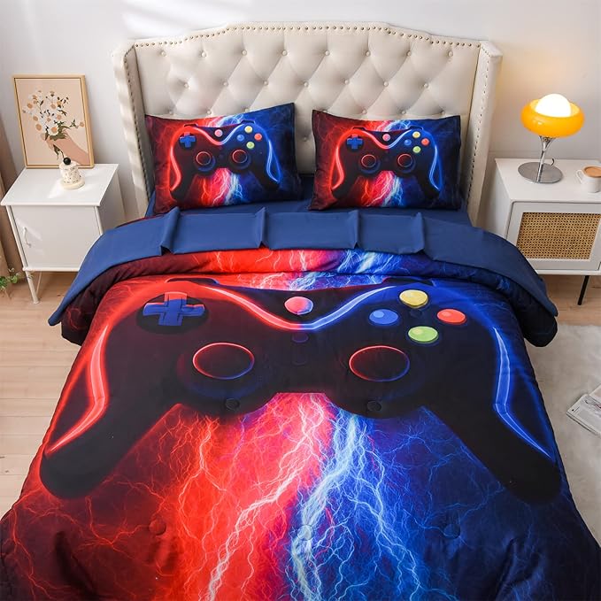 Meeting Story Gamer Gaming Bedding Sets Red-Blue Lightnings Gamepad Comforter Set for Boys Games Console Action Buttons Novelty Colorful Modern Room Decor Home Quilt Set (Red-Blue, Twin 5Pcs) - LeafyLoom