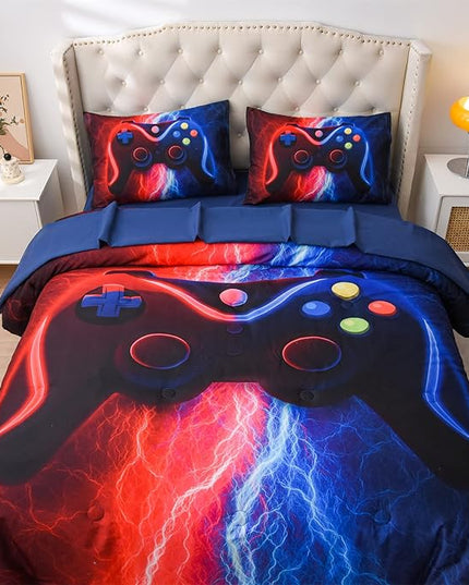 Meeting Story Gamer Gaming Bedding Sets Red Blue Lightnings Gamepad Comforter Set for Boys Games Console Action Buttons Novelty Colorful Modern Room Decor Home Quilt Set (Red-Blue, Full 5Pcs) - LeafyLoom