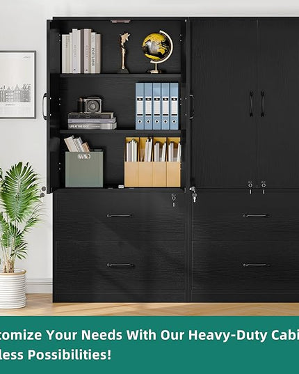 YITAHOME Wood File Cabinets, Heavy Duty Garage Tool Cabinets with Doors & Adjustable Shelves, Big Storage Filing Lockers for Home Office, Living Room, Pantry, Gym, Basement, Warehouse, Black - LeafyLoom