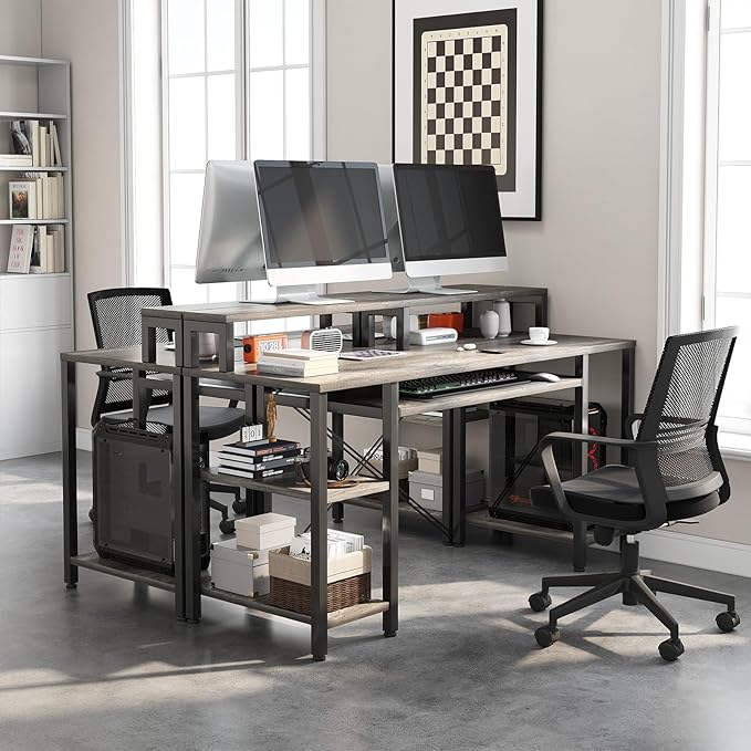 VERMESS Computer Desk- 48 Inch Home Office Desk with Keyboard Tray, 47" Gaming Desk with Full Monitor Stand & Storage Shelves & CPU Stand, Modern Study Writing Table with Shelf for Storage, Gray Oak - LeafyLoom