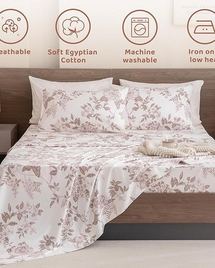 QSH Floral Egyptian Cotton Sheets King Size - Flower Bedding Sheets Botanical Pattern Printed Bedding King Size Bed Sheets 17.5" Extra Deep Pocket 4pcs - LeafyLoom