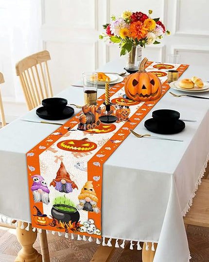 Halloween Table Runner, Halloween Table Runner 108 Inches Long, Halloween Gnomes Pumpkins Runners for Table, Black Cat Trick or Treat Decor Extra Long Burlap Runner Rug for Decorations Dining Room Unibyby