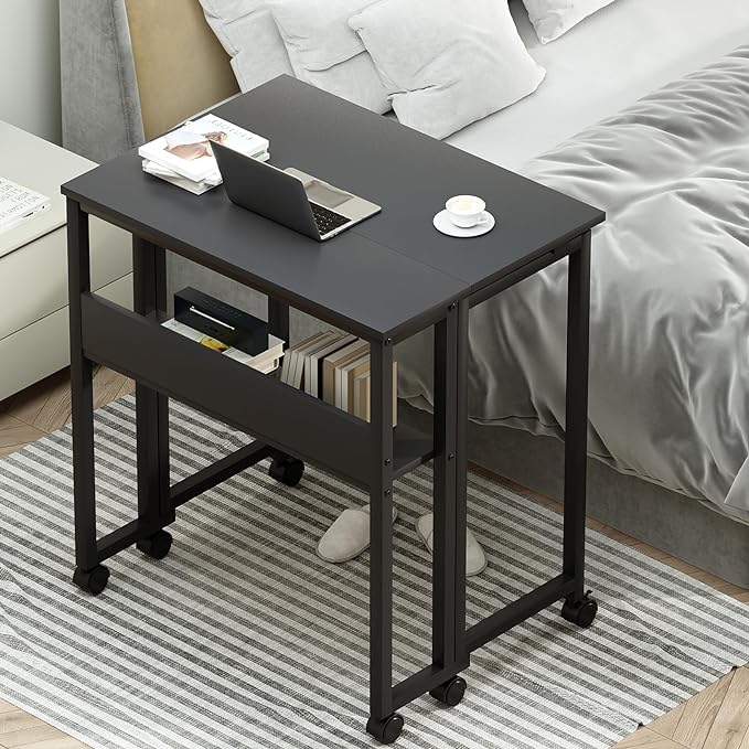 GreenForest Folding Desk Small Rolling Desk with Storage Shelf,31.5 inch Foldable Computer Desk with Wheels for Small Space,Easy Assembly,Black - LeafyLoom