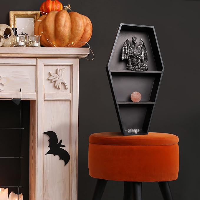 MANNY'S MYSTERIOUS ODDITIES Coffin Bookshelf - Extra Large Coffin Shelf 21 Inches by 11 Inches - Includes Removable Shelves - Gothic Decor for Home - LeafyLoom