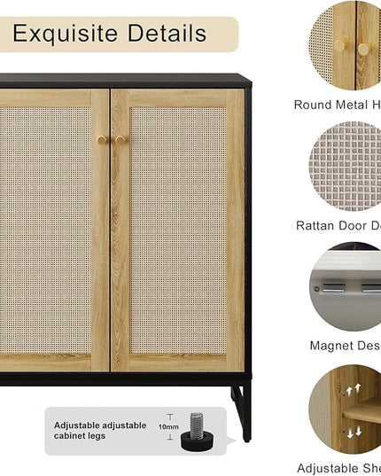 Sideboard Buffet Cabinet, Storage Cabinet with Double Rattan Doors, Modern Rattan Sideboard Cabinet, Kitchen Storage Cabinet with Metal Feet, for Entryway, Bedroom, Living Room (Black) - LeafyLoom