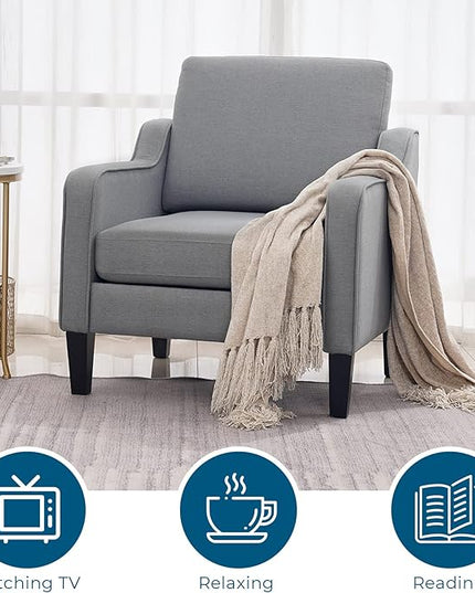 VINGLI Mid century Modern Accent Chair,Light Grey Fabric Accent Chairs for Living Room Upholstered Armchair with Scooped Arms for Bedroom,Apartment,Studio,Office,Waiting Room - LeafyLoom