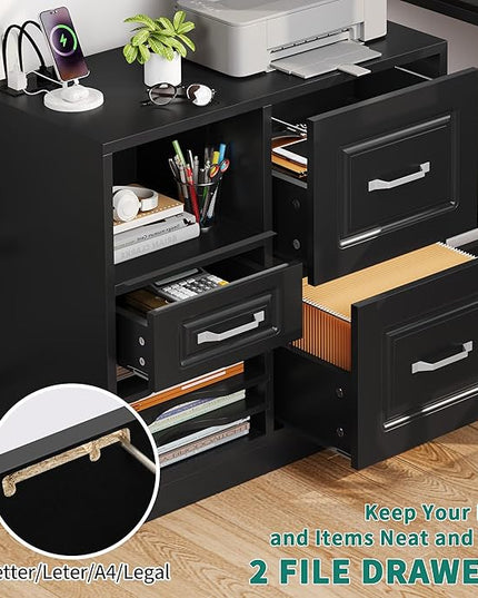 YITAHOME 3 Drawer File Cabinet, Filing Cabinet with Charging Station, Printer Stand with Open Storage Shelves, Fits for A4, Letter, Legal Size Files, Black - LeafyLoom