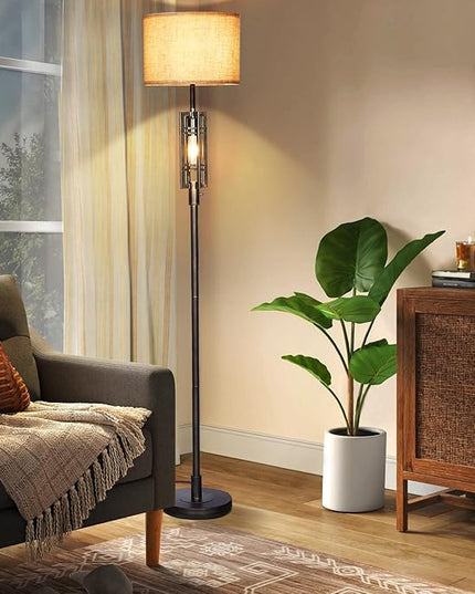 SURAIELEC Farmhouse Floor Lamp with LED Nightlight Bulb, Rustic Tall Lamps for Cabin, Traditional Standing Lamps for Bedroom, Beige Linen Drum Shade, Oil Rubbed Bronze Finish, Foot Switch - LeafyLoom
