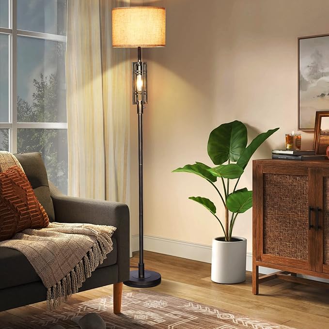SURAIELEC Farmhouse Floor Lamp with LED Nightlight Bulb, Rustic Tall Lamps for Cabin, Traditional Standing Lamps for Bedroom, Beige Linen Drum Shade, Oil Rubbed Bronze Finish, Foot Switch - LeafyLoom