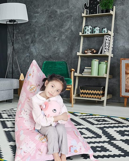 Stuffed Animal Storage Bean Bag Chair Cover, Cotton Pink Unicorn Plush Toy Storage Stuff and Sit Seat for Kids/Teens/Adults, 52" x 31" Extra Large Triangle Floor Sofa, 200L/52Gal, Cover Only - LeafyLoom
