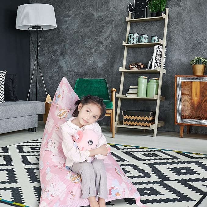 Stuffed Animal Storage Bean Bag Chair Cover, Cotton Pink Unicorn Plush Toy Storage Stuff and Sit Seat for Kids/Teens/Adults, 52" x 31" Extra Large Triangle Floor Sofa, 200L/52Gal, Cover Only - LeafyLoom
