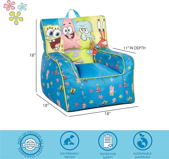 Idea Nuova Nickelodeon Spongebob Squarepants Toddler Nylon Bean Bag Chair with Piping & Top Carry Handle Large - LeafyLoom