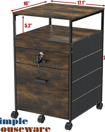 SHW Rolling File Cabinet w/ 2 Drawers & Open Shelf, Rustic Brown - LeafyLoom