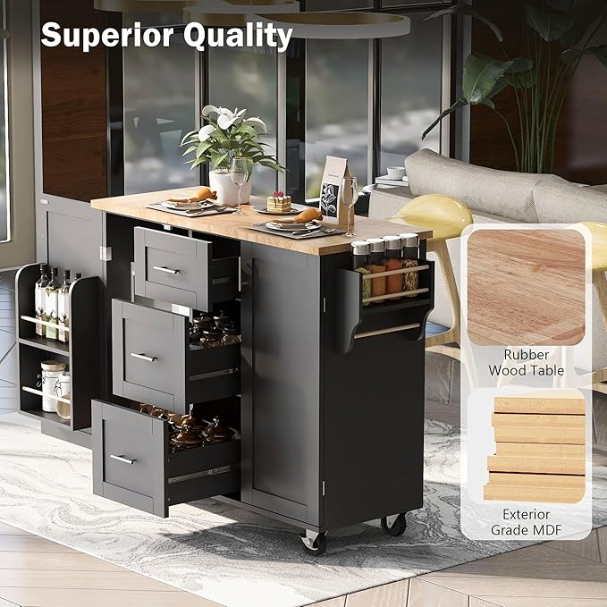 Kitchen Island with Storage, Spice Rack & Tower Rack, Mobile Rolling Kitchen-Cart on Wheels w/Rubber Wood Top, 3 Drawer, 2 Slide-Out Shelf and Internal Storage Rack - LeafyLoom