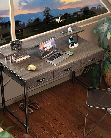 47 inch Computer Desk with 3 Drawers, Office Desk Gaming Desk with LED Lights & Power Outlets, Home Office Desks with Storage Space for Bedroom, Work from Home, Gray - LeafyLoom